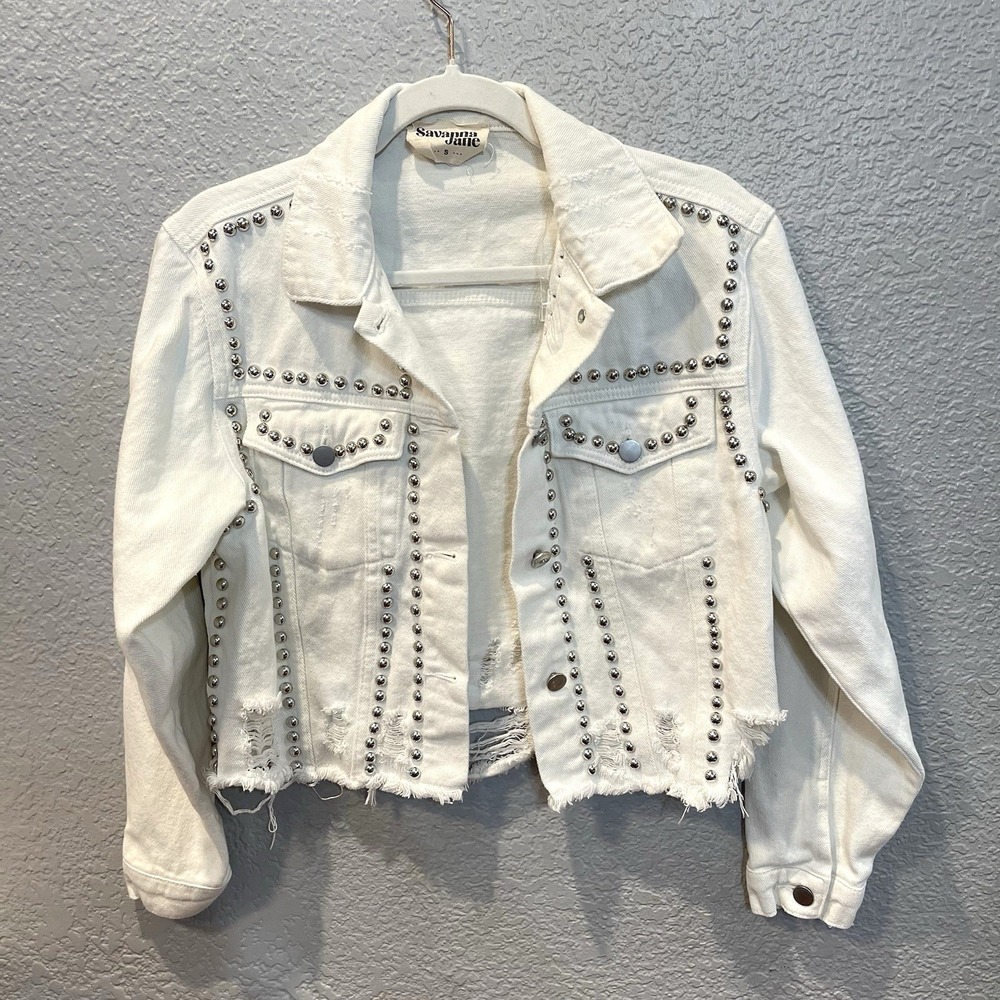 Savanna Jane Women's S Jacket White Denim Cropped Studded Distressed Button Up‎